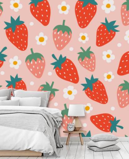 lyserød og rød tilpasselig jordbærtapet vægmaleri kaldet Summer Strawberry til køkkener og børneværelser