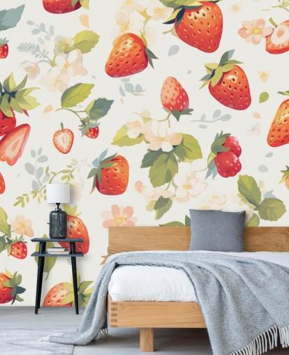 rødt, hvitt og grønt tilpasset frukttapet veggmaleri kalt Scrumptious Strawberries for kjøkken