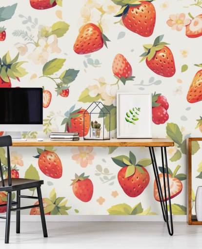 carta da parati murale personalizzata con frutta rossa, bianca e verde chiamata Scrumptious Strawberries per cucine carta da parati murale personalizzata con frutta rossa, bianca e verde chiamata Scrumptious Strawberries per cucine