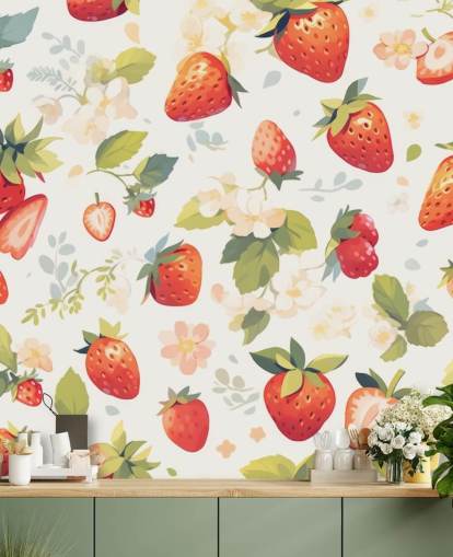 papier peint mural de fruits personnalisé rouge, blanc et vert appelé Scrumptious Strawberries pour cuisines