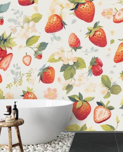 punainen, valkoinen ja vihreä mukautettu hedelmätaustakuvamaalaus nimeltä Scrumptious Strawberries keittiöihin punainen, valkoinen ja vihreä mukautettu hedelmätaustakuvamaalaus nimeltä Scrumptious Strawberries keittiöihin