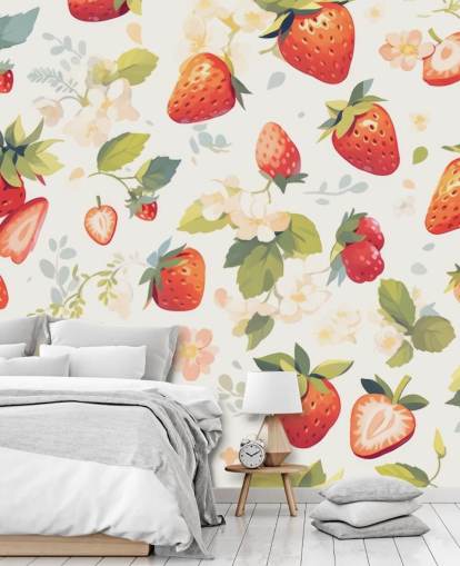 rødt, hvitt og grønt tilpasset frukttapet veggmaleri kalt Scrumptious Strawberries for kjøkken