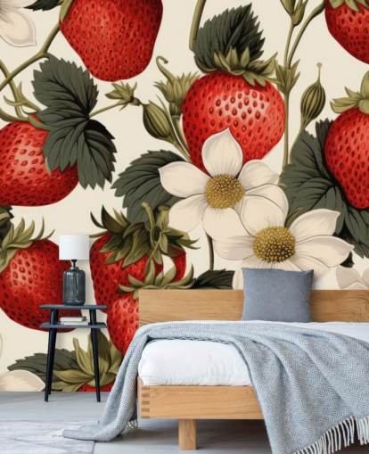 papier peint mural de fruits personnalisé rouge, blanc et vert appelé Sweet Harvest pour les cuisines et les salles à manger