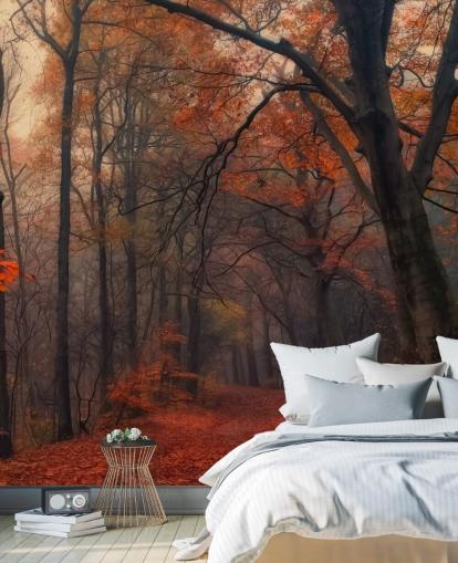 papier peint mural de forêt orange et marron appelé Decorative Forest pour les chambres à coucher, les bureaux à domicile et les salons