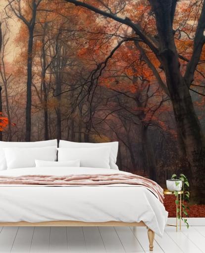 mural de papel pintado de bosque naranja y marrón llamado Bosque decorativo para dormitorios, oficinas en casa y salones