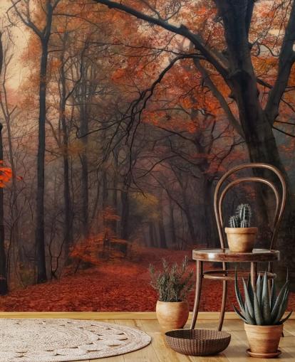 oranssi ja ruskea metsätaustakuvamaalaus nimeltä Decorative Forest makuuhuoneisiin, kotitoimistoihin ja oleskelutiloihin