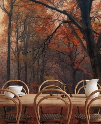 papier peint mural de forêt orange et marron appelé Decorative Forest pour les chambres à coucher, les bureaux à domicile et les salons