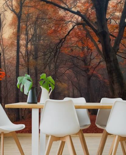 carta da parati murale con foresta arancione e marrone chiamata Decorative Forest per camere da letto, uffici domestici e salotti