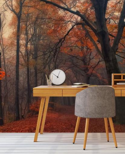 mural de papel pintado de bosque naranja y marrón llamado Bosque decorativo para dormitorios, oficinas en casa y salones