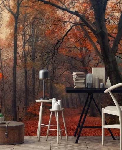 orange and brown forest wallpaper mural called Decorative Forest for bedrooms, home offices and lounges