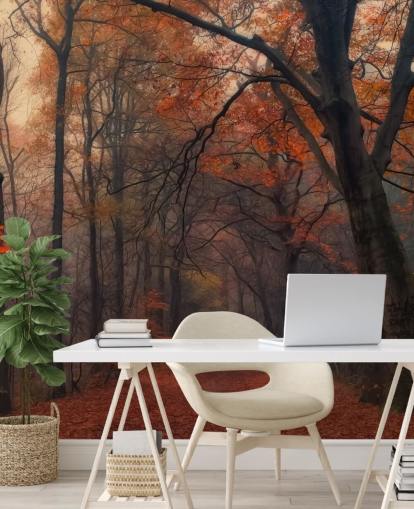 mural de papel pintado de bosque naranja y marrón llamado Bosque decorativo para dormitorios, oficinas en casa y salones