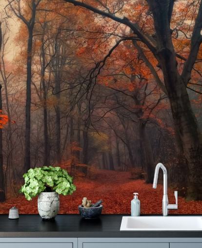 orange and brown forest wallpaper mural called Decorative Forest for bedrooms, home offices and lounges