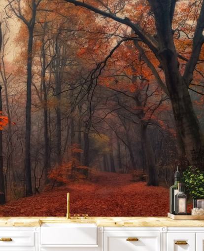 oransje og brunt skogtapet veggmaleri kalt Decorative Forest for soverom, hjemmekontorer og salonger