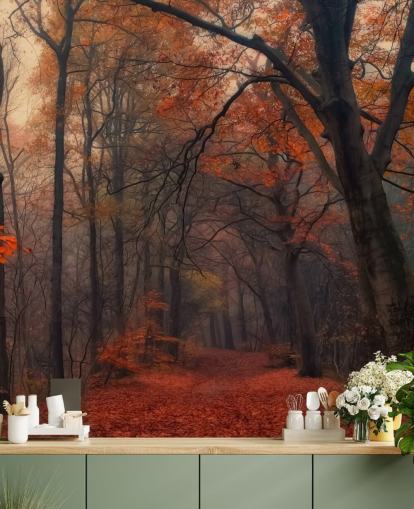 oranje en bruine bosbehangmuurschildering genaamd Decorative Forest voor slaapkamers, thuiskantoren en lounges