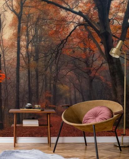 mural de papel pintado de bosque naranja y marrón llamado Bosque decorativo para dormitorios, oficinas en casa y salones