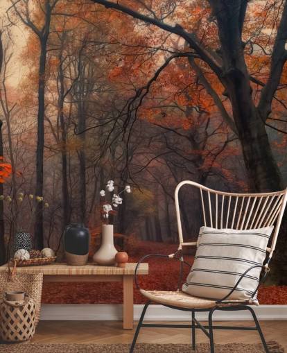 mural de papel pintado de bosque naranja y marrón llamado Bosque decorativo para dormitorios, oficinas en casa y salones