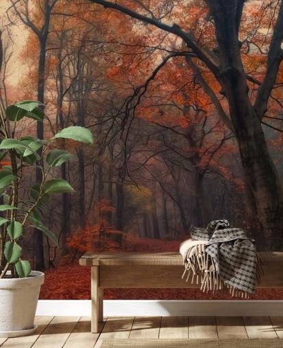 mural de papel pintado de bosque naranja y marrón llamado Bosque decorativo para dormitorios, oficinas en casa y salones