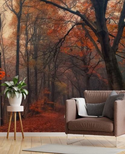 oranssi ja ruskea metsätaustakuvamaalaus nimeltä Decorative Forest makuuhuoneisiin, kotitoimistoihin ja oleskelutiloihin