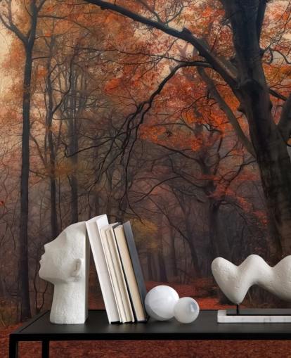 mural de papel pintado de bosque naranja y marrón llamado Bosque decorativo para dormitorios, oficinas en casa y salones