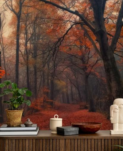 mural de papel pintado de bosque naranja y marrón llamado Bosque decorativo para dormitorios, oficinas en casa y salones