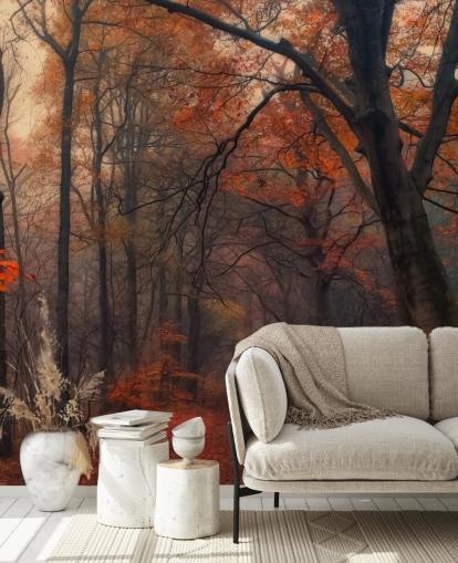 oransje og brunt skogtapet veggmaleri kalt Decorative Forest for soverom, hjemmekontorer og salonger