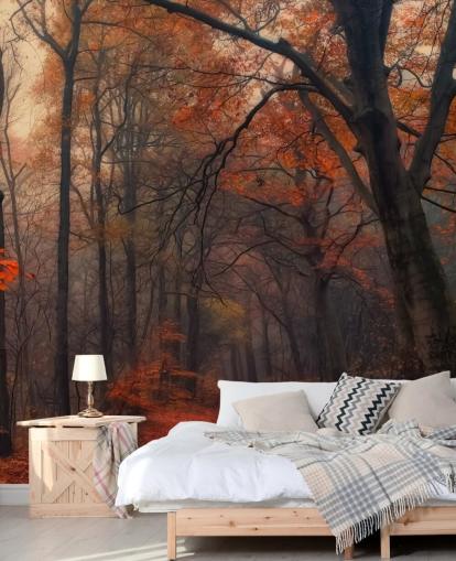 oranssi ja ruskea metsätaustakuvamaalaus nimeltä Decorative Forest makuuhuoneisiin, kotitoimistoihin ja oleskelutiloihin oranssi ja ruskea metsätaustakuvamaalaus nimeltä Decorative Forest makuuhuoneisiin, kotitoimistoihin ja oleskelutiloihin