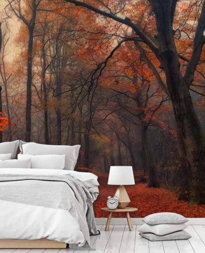 oranje en bruine bosbehangmuurschildering genaamd Decorative Forest voor slaapkamers, thuiskantoren en lounges