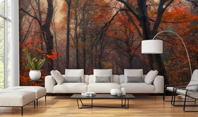 papier peint mural de forêt orange et marron appelé Decorative Forest pour les chambres à coucher, les bureaux à domicile et les salons