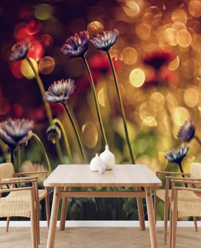 Purple Flowers against Red Flower Wallpaper