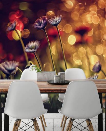 Purple Flowers against Red Flower Wallpaper
