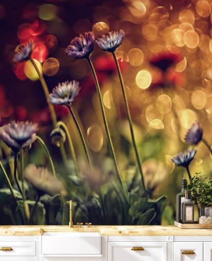 Purple Flowers against Red Flower Wallpaper