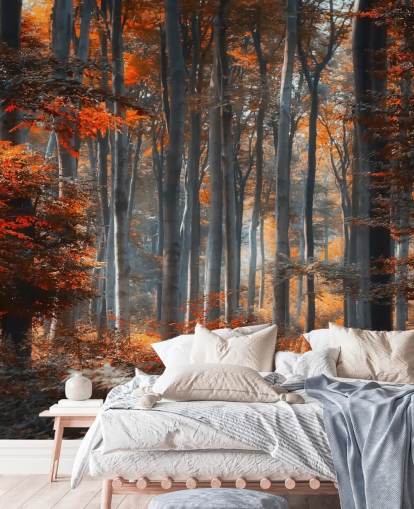 orange anpassningsbar skogstapetväggmålning kallad Painting Forest av 1x - Artist - Ildiko Neer för sovrum, vardagsrum och kontor