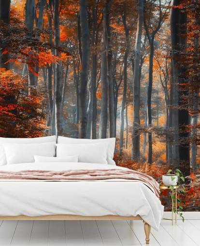 mural de papel de parede florestal personalizável laranja chamado Painting Forest by 1x - Artista - Ildiko Neer para quartos, salas de estar e escritórios