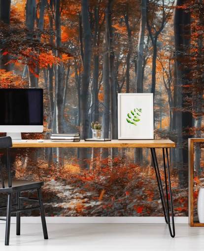 mural de papel de parede florestal personalizável laranja chamado Painting Forest by 1x - Artista - Ildiko Neer para quartos, salas de estar e escritórios