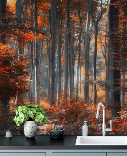 oranje aanpasbare bosbehangmuurschildering genaamd Painting Forest van 1x - Kunstenaar - Ildiko Neer voor slaapkamers, woonkamers en kantoren