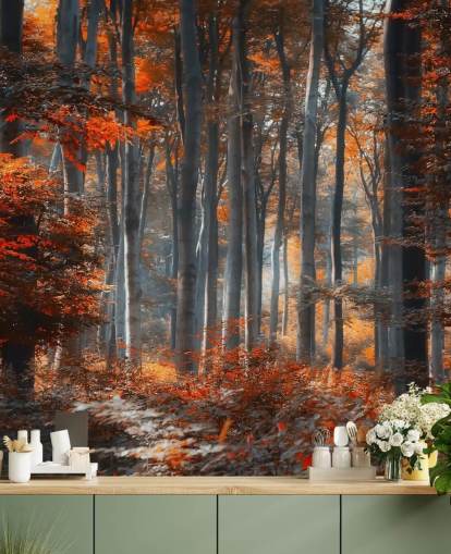 mural naranja personalizable de papel pintado de bosque llamado Painting Forest by 1x - Artista - Ildiko Neer para dormitorios, salas de estar y oficinas