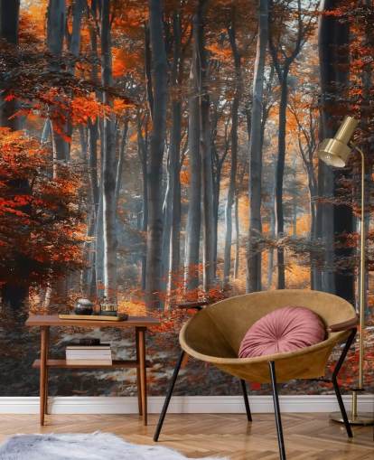 mural naranja personalizable de papel pintado de bosque llamado Painting Forest by 1x - Artista - Ildiko Neer para dormitorios, salas de estar y oficinas