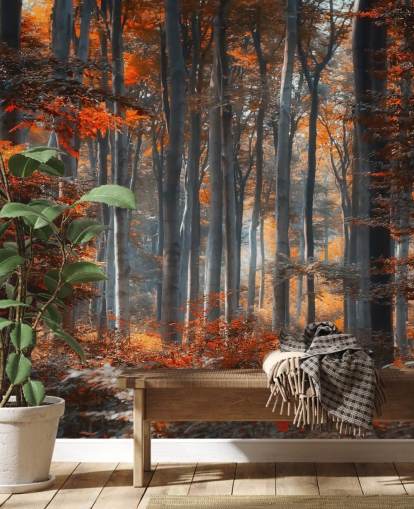 mural de papel de parede florestal personalizável laranja chamado Painting Forest by 1x - Artista - Ildiko Neer para quartos, salas de estar e escritórios