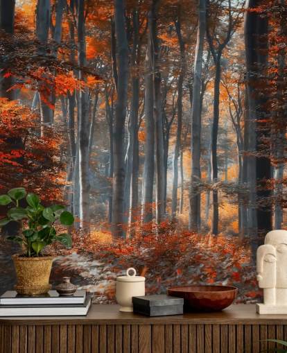 orange anpassningsbar skogstapetväggmålning kallad Painting Forest av 1x - Artist - Ildiko Neer för sovrum, vardagsrum och kontor