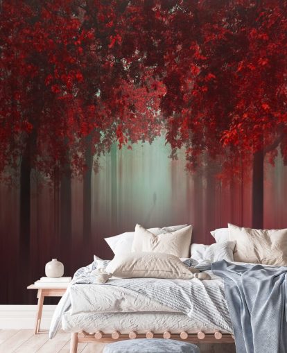 carta da parati rossa personalizzata con foresta chiamata Out of Love by 1x per sale da pranzo o camere da letto