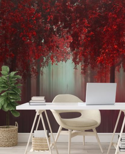 carta da parati rossa personalizzata con foresta chiamata Out of Love by 1x per sale da pranzo o camere da letto