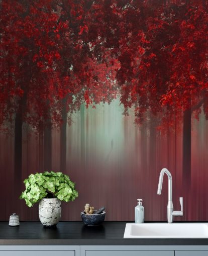 Rote individuelle Waldtapete mit dem Titel Out of Love von 1x für Esszimmer oder Schlafzimmer