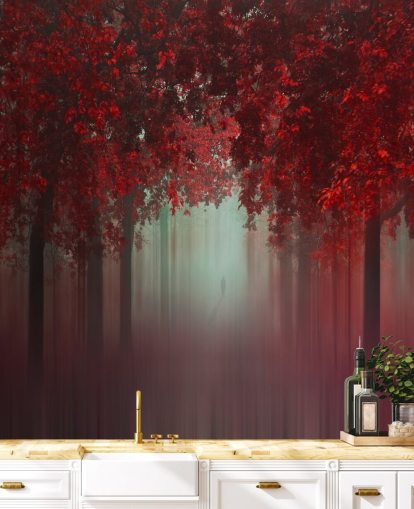red custom forest wallpaper called Out of Love by 1x for dining rooms or bedrooms