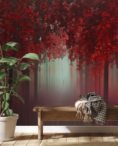 Rote individuelle Waldtapete mit dem Titel Out of Love von 1x für Esszimmer oder Schlafzimmer