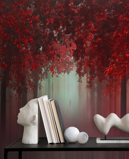 Rote individuelle Waldtapete mit dem Titel Out of Love von 1x für Esszimmer oder Schlafzimmer Rote individuelle Waldtapete mit dem Titel Out of Love von 1x für Esszimmer oder Schlafzimmer