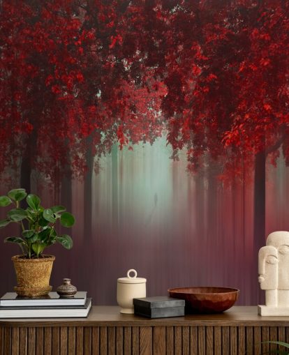 carta da parati rossa personalizzata con foresta chiamata Out of Love by 1x per sale da pranzo o camere da letto