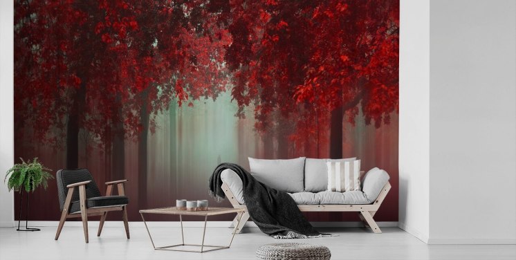 papier peint forestier rouge personnalisé appelé Out of Love by 1x pour les salles à manger ou les chambres
