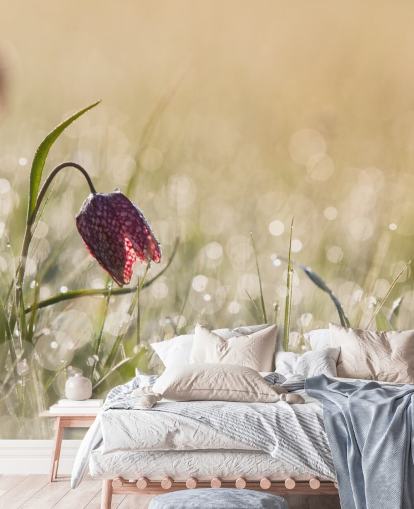 Red Tulip in Field Covered in Raindrops Mural