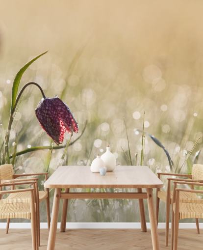 Red Tulip in Field Covered in Raindrops Mural