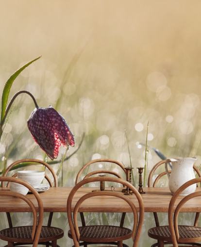 Red Tulip in Field Covered in Raindrops Mural